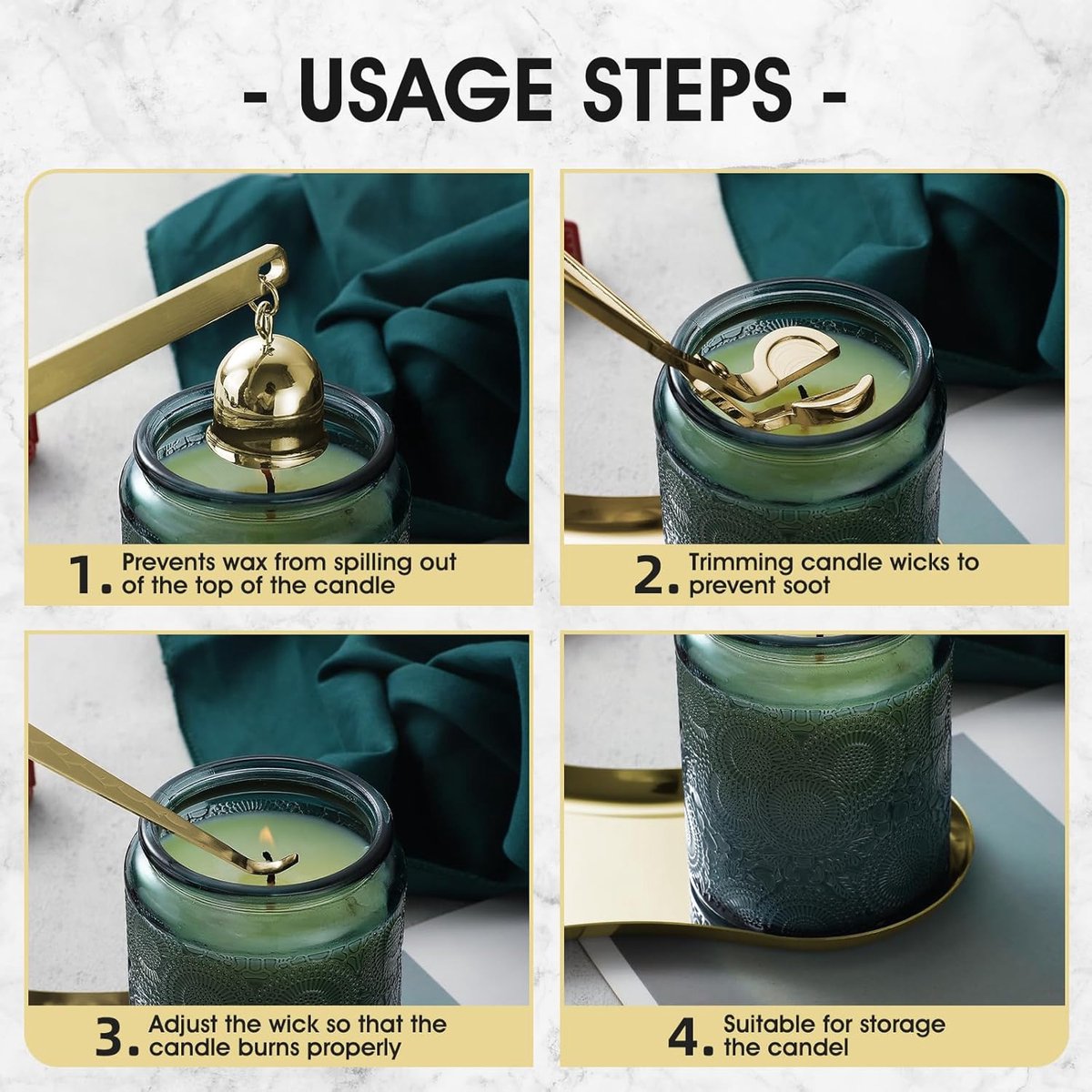 Candle Extinguisher - 3 in 1 Candle Accessory Set - Candle Key, Mini Candle Extinguisher, Candle Key - Perfect for Candle and Fragrance Lovers (3-Piece Set, Gold)