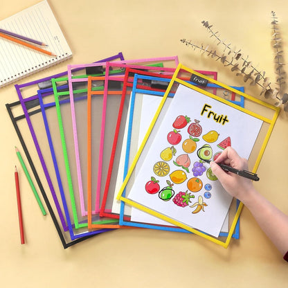 Erasable and Writable Folders - Pack of 20 | Includes 20 water-based whiteboard markers and 2 erasers - Transparent plastic folders/protective covers - Drawing and tracing bags for young children - Erasable and writable - Random colors