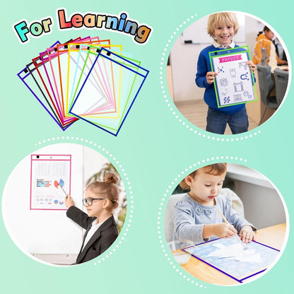 Erasable and Writable Folders - Pack of 30 | Includes 30 water-based whiteboard markers and 1 eraser - Transparent plastic folders/protective sleeves - Drawing and tracing bags for young children - Erasable and writable - Random colors