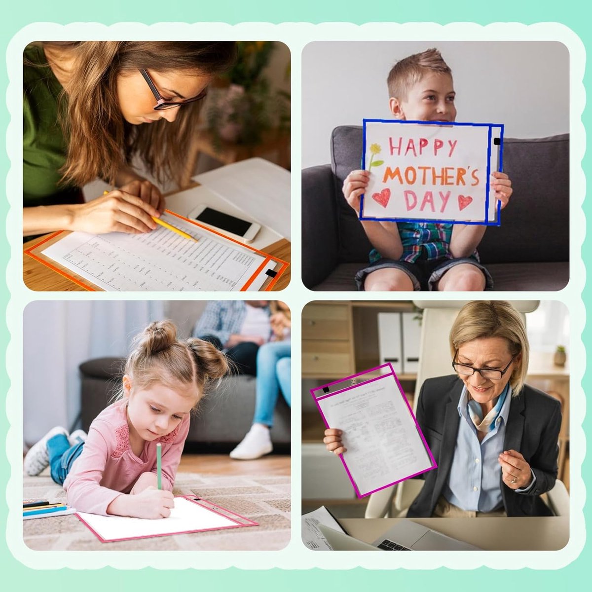 Erasable and Writable Folders - Pack of 30 | Includes 30 water-based whiteboard markers and 1 eraser - Transparent plastic folders/protective sleeves - Drawing and tracing bags for young children - Erasable and writable - Random colors