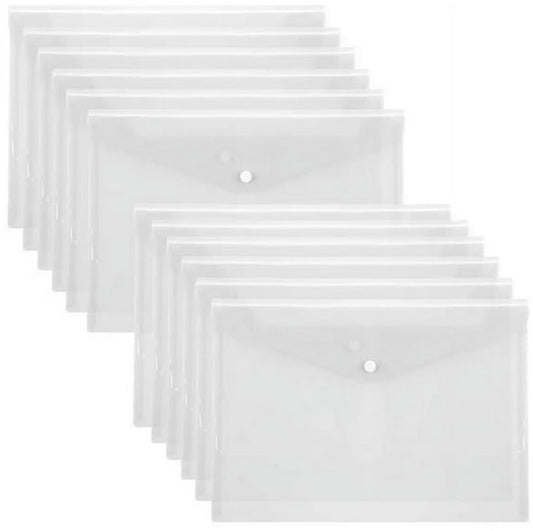 Waterproof folder - Plastic envelope - 12-pack - Transparent A4 letterhead size - with snap closure - Suitable for schools and offices.