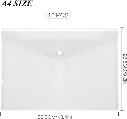 Waterproof folder - Plastic envelope - 12-pack - Transparent A4 letterhead size - with snap closure - Suitable for schools and offices.