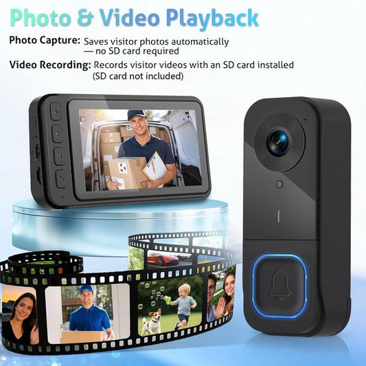 Wireless Doorbell with Camera - 1080P Image & 4.5 Inch Screen - No WiFi Required - Range Up to 120m - Night Vision