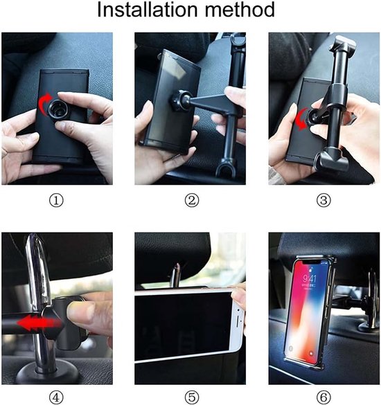 Smartphone holder - Multifunctional car phone holder with clip - Adjustable phone holder - Telescopic phone holder - Car phone holder for headrest, Car tablet holder for back seat - Black