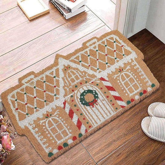 Doormat - Christmas doormat - Non-slip mat - Decorative non-slip mat in the shape of a gingerbread house - Decoration - Festive entrance decoration - doormat - Suitable for festive outdoor and indoor porches, entrances, kitchens, and living rooms (M: 50cm