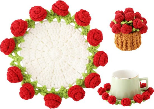 Coasters - Mini Basket Included - Floral Coasters - Vintage Rose Design - Suitable for coffee tables, weddings, housewarming parties, birthdays, etc.（Red）