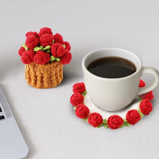 Coasters - Mini Basket Included - Floral Coasters - Vintage Rose Design - Suitable for coffee tables, weddings, housewarming parties, birthdays, etc.（Red）