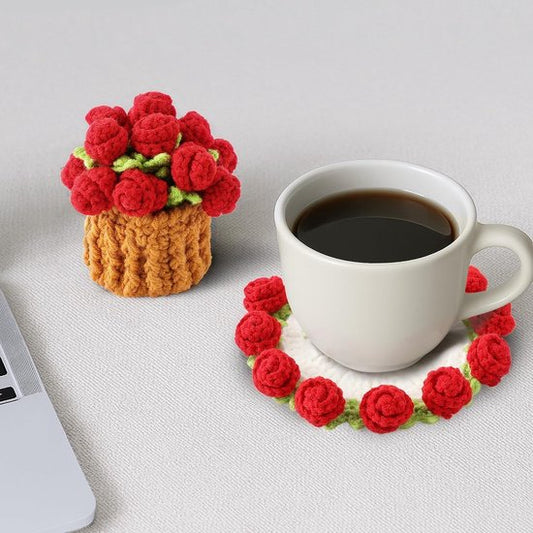 Coasters - Mini Basket Included - Floral Coasters - Vintage Rose Design - Suitable for coffee tables, weddings, housewarming parties, birthdays, etc.（Red）