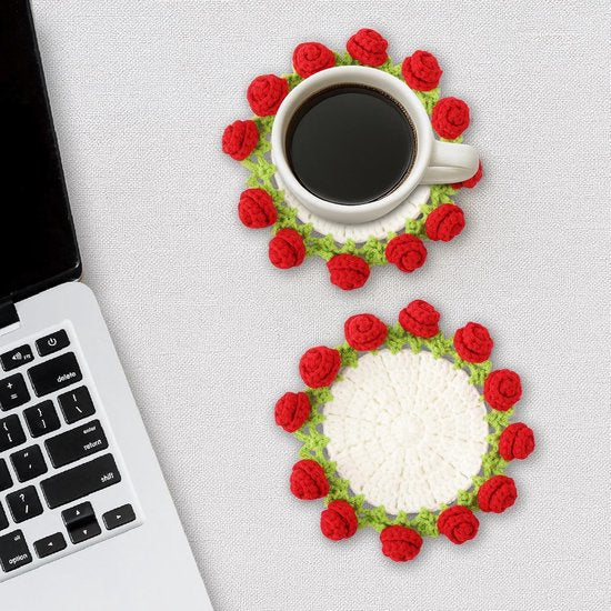 Coasters - Mini Basket Included - Floral Coasters - Vintage Rose Design - Suitable for coffee tables, weddings, housewarming parties, birthdays, etc.（Red）