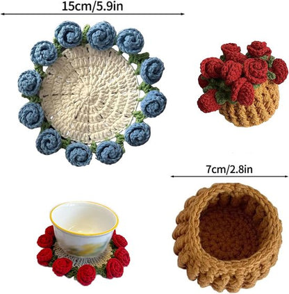 Coasters - Mini Basket Included - Floral Coasters - Vintage Rose Design - Suitable for coffee tables, weddings, housewarming parties, birthdays, etc.（Red）