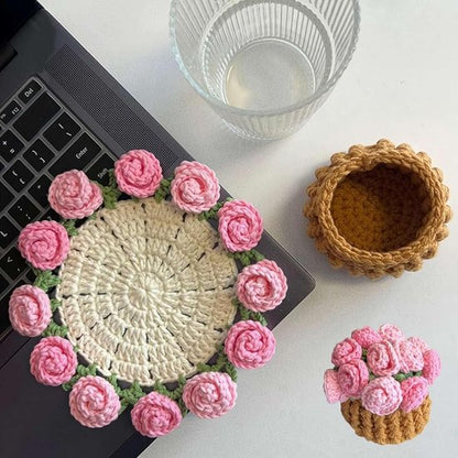 Coasters - Mini Basket Included - Floral Coasters - Vintage Rose Design - Suitable for coffee tables, weddings, housewarming parties, birthdays, etc.（Pink）