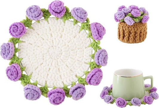 Coasters - Mini Basket Included - Floral Coasters - Vintage Rose Design - Suitable for coffee tables, weddings, housewarming parties, birthdays, etc.（Purple）
