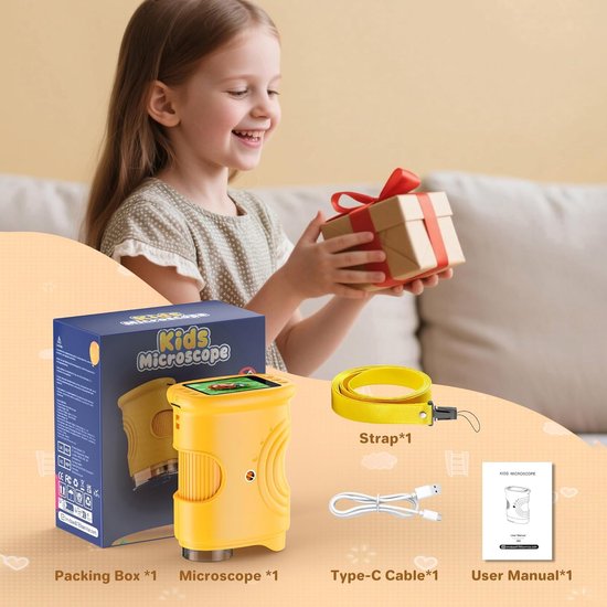 1000x Digital Children's Microscope - With 2 Inch IPS Screen & 8 LED Lights - Handy & Easy to Use for Nature Research - Yellow