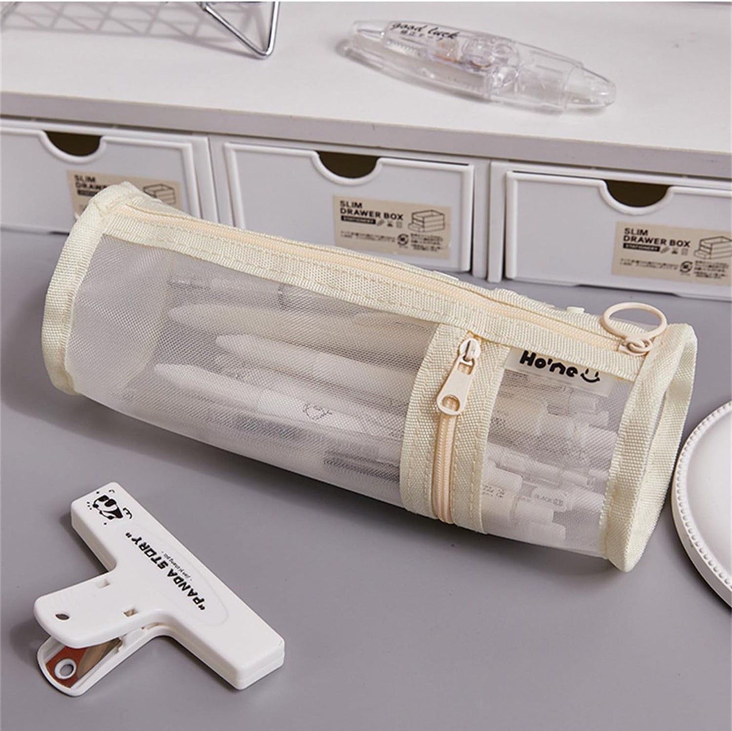 Pencil Case Pen Holder Transparent Large Capacity Off White 1 Piece