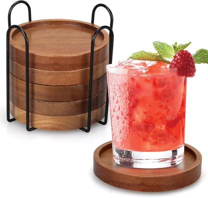 6 Pieces Best Wooden Coasters with Holder, Coffee Table Decor, Acacia Wood Coaster Set, Modern Drink Coaster, Dining Table, Kitchen Accessories, Cute Beer Bar, Decorative Rustic Coasters for Outdoors