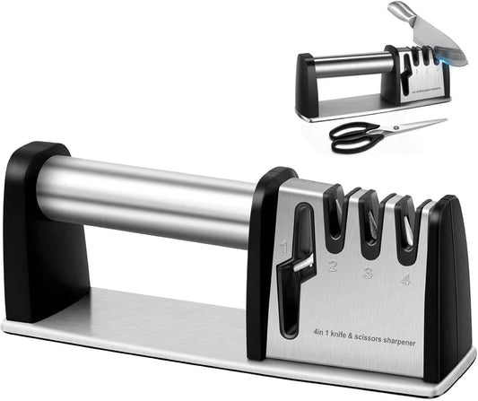 4-in-1 Knife Sharpener - With Scissor Sharpener - 3-Step Pull-Through Sharpener for Kitchen Knives - Anti-Slip & Ergonomic - Stainless Steel - Knife Sharpener