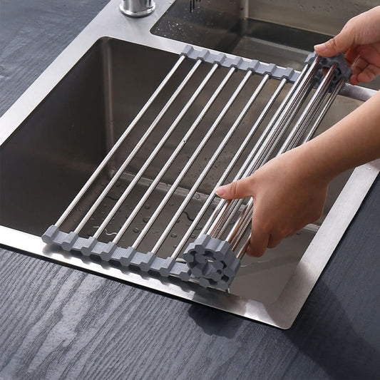 Roll-up Dish Draining Rack Grey - 43 x 35 cm - Sink Roll Mat - Draining Grid for Dishes & Vegetables