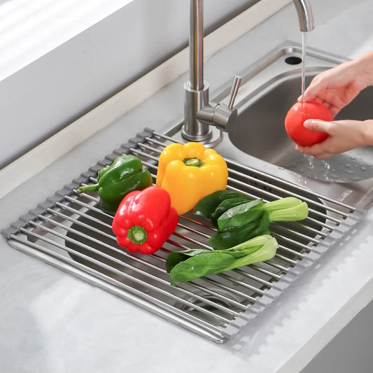 Roll-up Dish Draining Rack Grey - 43 x 35 cm - Sink Roll Mat - Draining Grid for Dishes & Vegetables