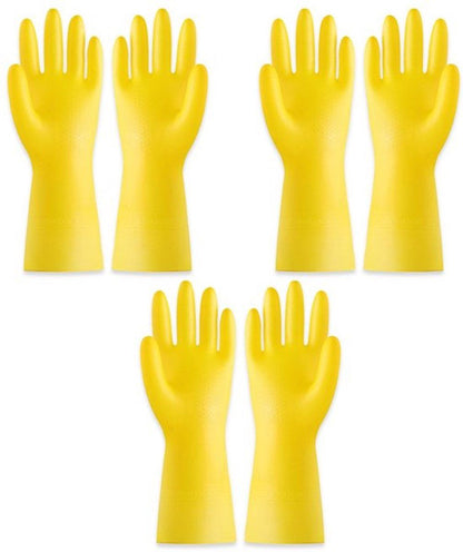 Yellow Rubber Cleaning Gloves 3 Pairs Size L, Waterproof Reusable with Non-Slip Granulated Palm, Soft Cotton Velvet Lining for Kitchen Bathroom and Car Washing