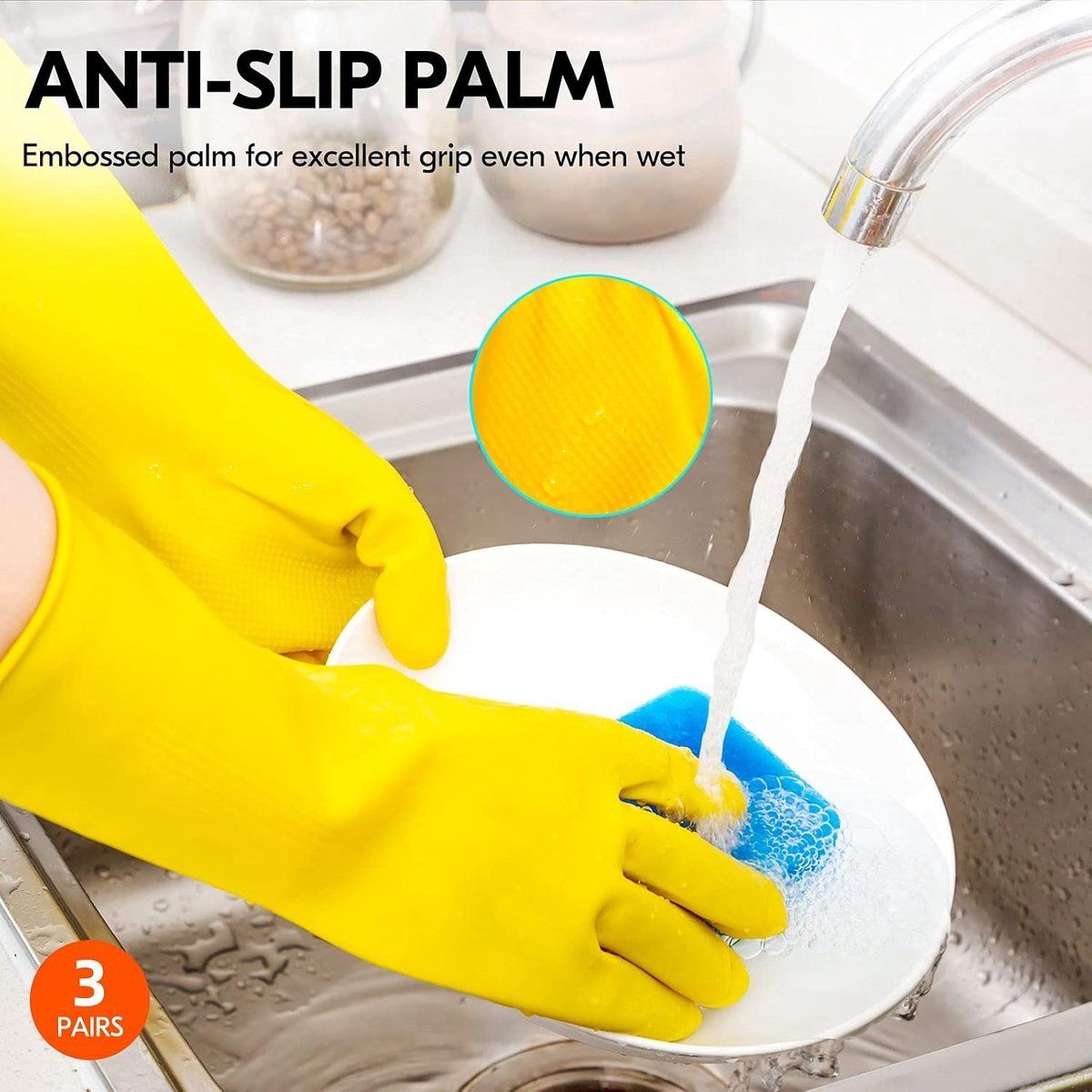 Yellow Rubber Cleaning Gloves 3 Pairs Size L, Waterproof Reusable with Non-Slip Granulated Palm, Soft Cotton Velvet Lining for Kitchen Bathroom and Car Washing