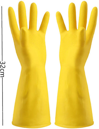 Yellow Rubber Cleaning Gloves 3 Pairs Size L, Waterproof Reusable with Non-Slip Granulated Palm, Soft Cotton Velvet Lining for Kitchen Bathroom and Car Washing