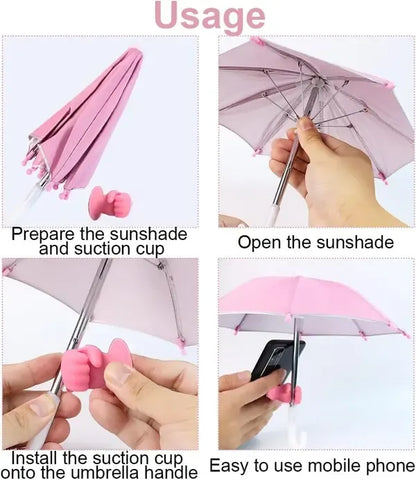 Mini Phone Umbrella with Suction Cup, UV and Rain Shield for Smartphones and Small Tablets for Outdoor Travel, Pink