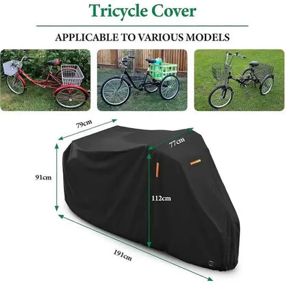 Waterproof 420D Oxford Adult Tricycle Cover with PU Coating and Reflective Strips for Outdoor Storage, Black, 190 x 76 x 112 cm