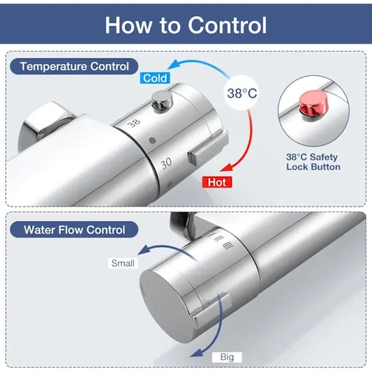 Wall-mounted thermostatic shower mixer with 38 degree C anti-scalding safety lockout, solid brass material, Chrome Finish