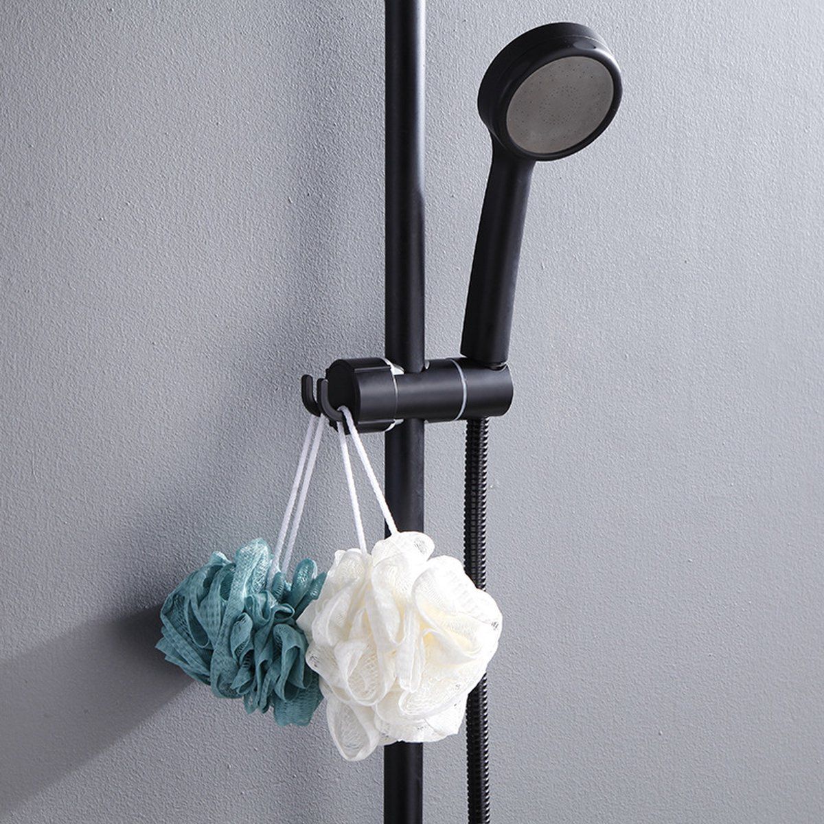 Adjustable Shower Head Holder for Slide Rail, 18-28 mm Shower Rod Fit, 360 Degree Rotation Rotatable with 2 Hooks, Chrome/Black Finish Options