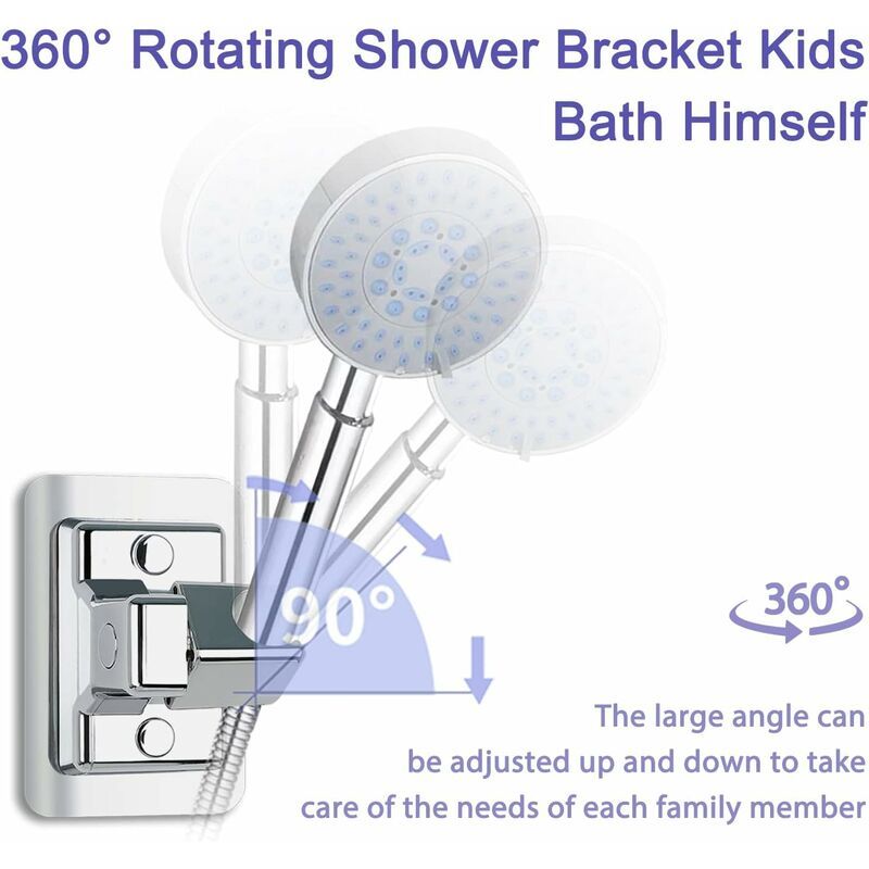 360 Degree Rotation Adjustable Shower Head Holder, Wall Mount No Drilling, Universal Shower Bracket, Compatible with Most Shower Heads, Chrome Finish