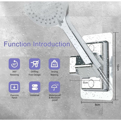 360 Degree Rotation Adjustable Shower Head Holder, Wall Mount No Drilling, Universal Shower Bracket, Compatible with Most Shower Heads, Chrome Finish