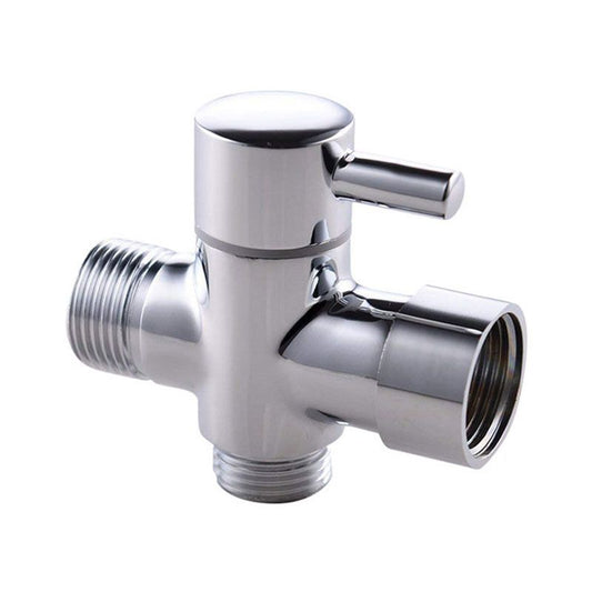 3-way T-connector with shut-off valve for bathroom, 7 x 7 Overall Size, 1 x 3 Overall Size, leak-resistant use, Silver Finish