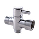 3-way T-connector with shut-off valve for bathroom, 7 x 7 Overall Size, 1 x 3 Overall Size, leak-resistant use, Silver Finish