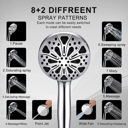 Shower Head 8+2 Functions Handheld Shower Nozzle with High Pressure Water Jet and Detachable Hose, high-pressure spray