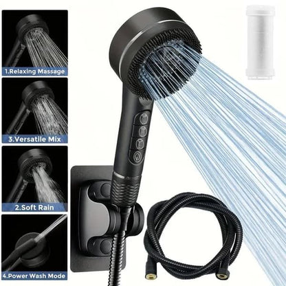 High Pressure Shower Head with 1.5 m Hose and Bracket, Piano Key Spray Control, Durable ABS Plastic, Black Finish