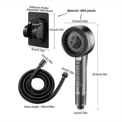 High Pressure Shower Head with 1.5 m Hose and Bracket, Piano Key Spray Control, Durable ABS Plastic, Black Finish