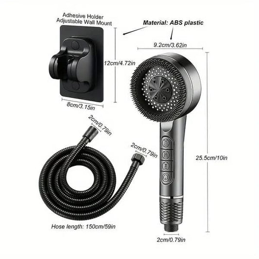 High Pressure Shower Head with 1.5 m Hose and Bracket, Piano Key Spray Control, Durable ABS Plastic, Black Finish