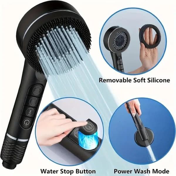 High Pressure Shower Head with 1.5 m Hose and Bracket, Piano Key Spray Control, Durable ABS Plastic, Black Finish