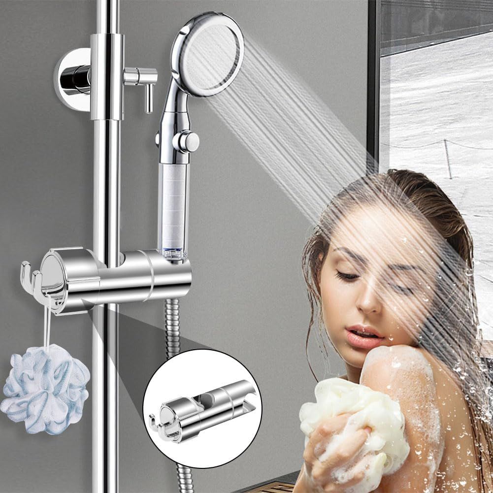 Hand Shower Holder for 16-27 mm Shower Rod Fit Rail, Adjustable Replacement Shower Holder, 360 Degree Rotation, with 2 Hooks, Chrome Finish