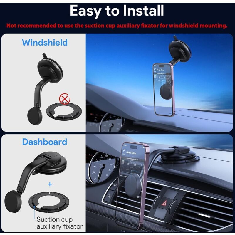 Magnetic car phone holder suction cup for dashboard and windshield compatible with iphone android, ABS + Silicone material