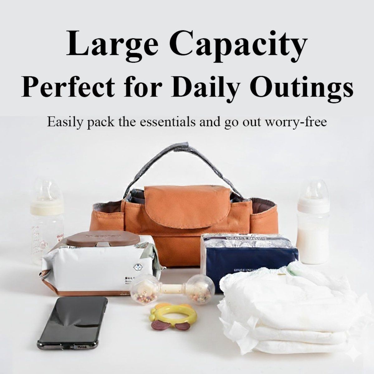 Universal Stroller Storage Bag, with Tissue Front Pocket, Built-in Cup Holder, Can Be Hanged on the Stroller, Brown