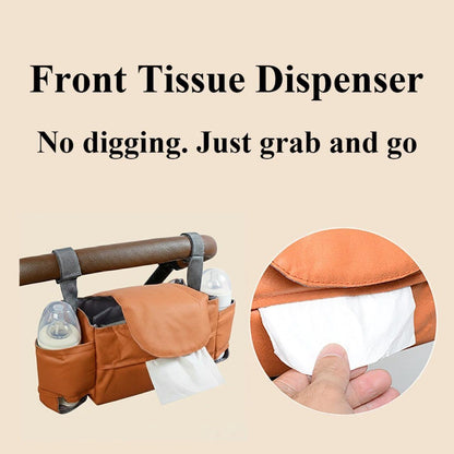 Universal Stroller Storage Bag, with Tissue Front Pocket, Built-in Cup Holder, Can Be Hanged on the Stroller, Brown