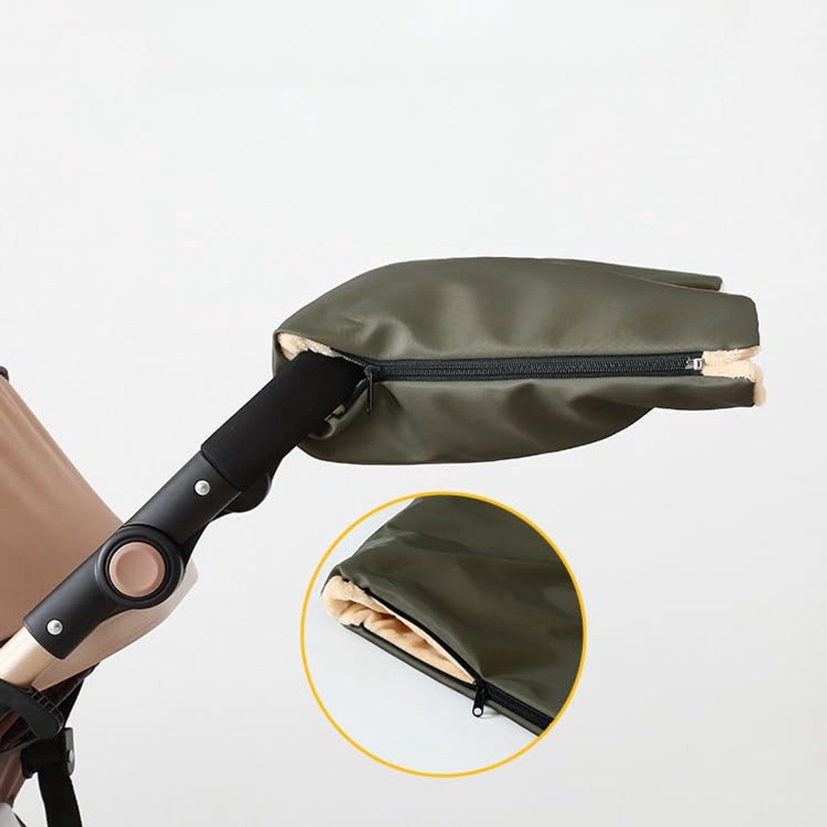 Stroller hand warmer, stroller gloves, Hand warmer for stroller, with 3 side zippers, windproof and rainproof, 40 x 22 cm, Army Green