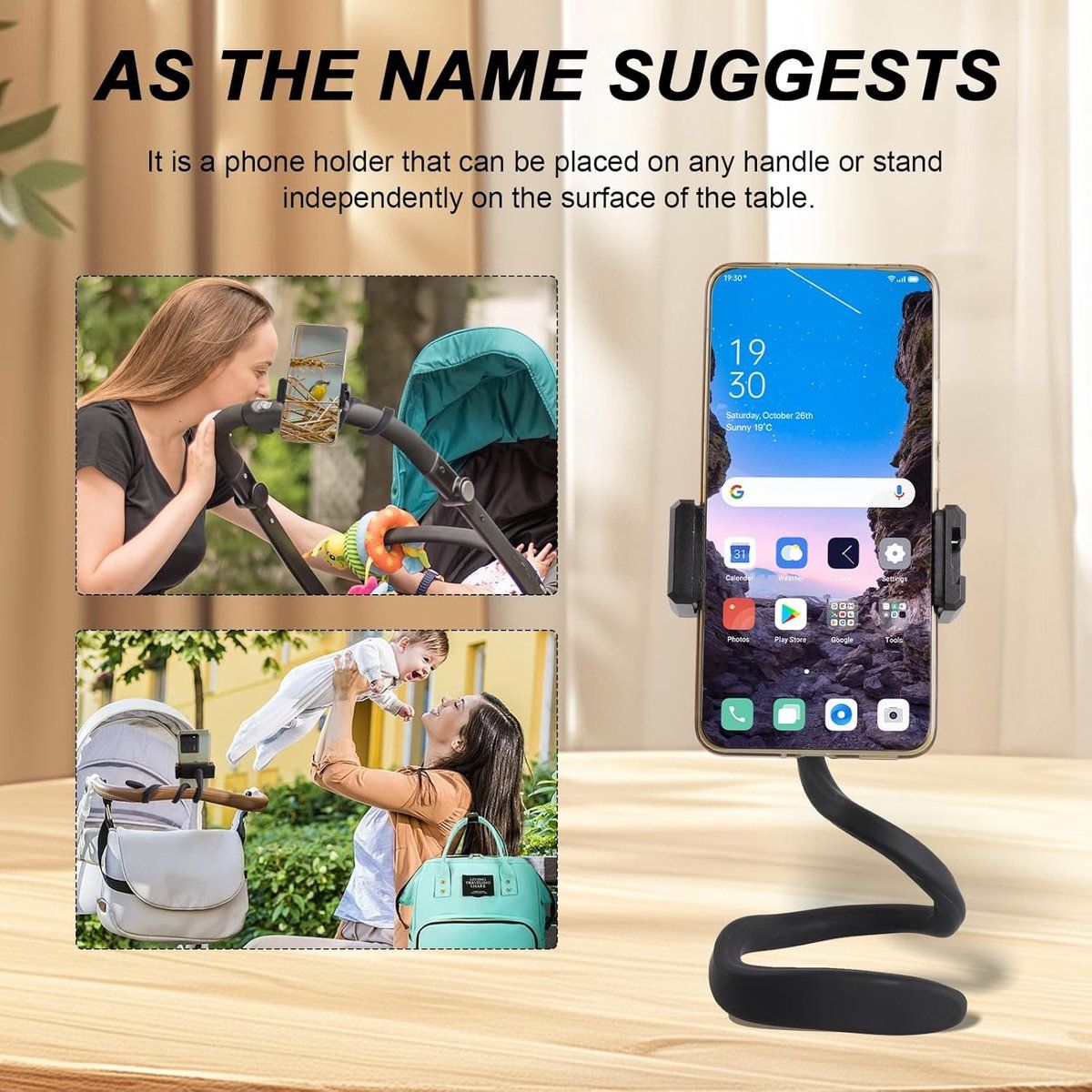 Gooseneck Phone Holder, Silicone tube can be freely adjusted, Portable phone holder, Compatible with most smartphone models, for car, Black