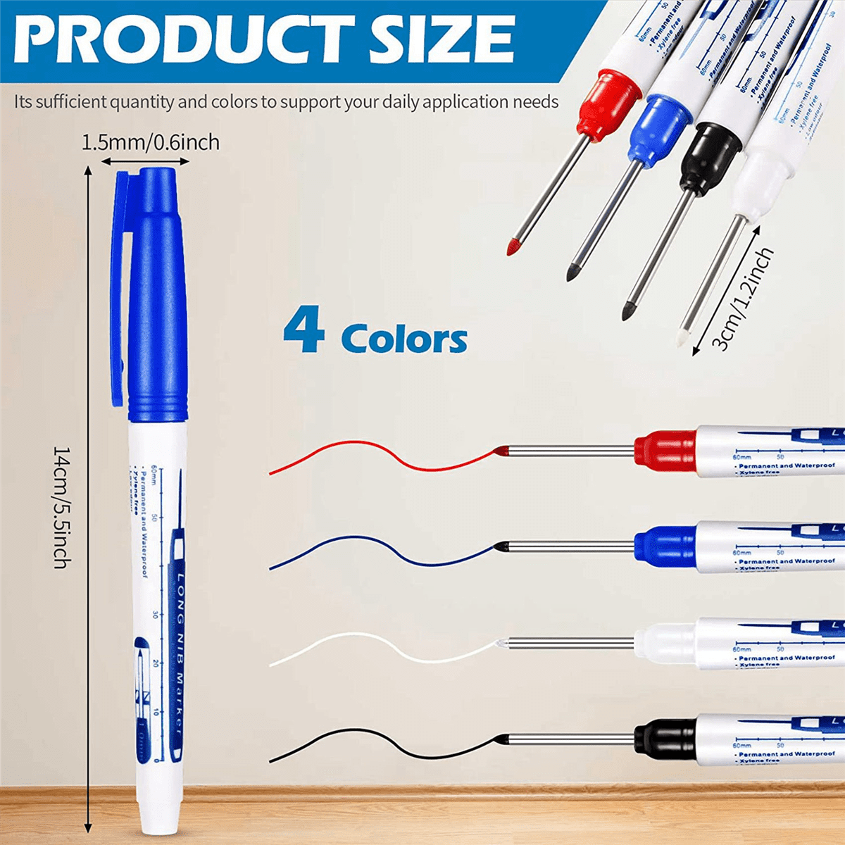 8 Pcs Deep Reach Markers Long Nose Marker Waterproof Deep Hole Marker 30 mm Reach Permanent Markers, 4 Colors