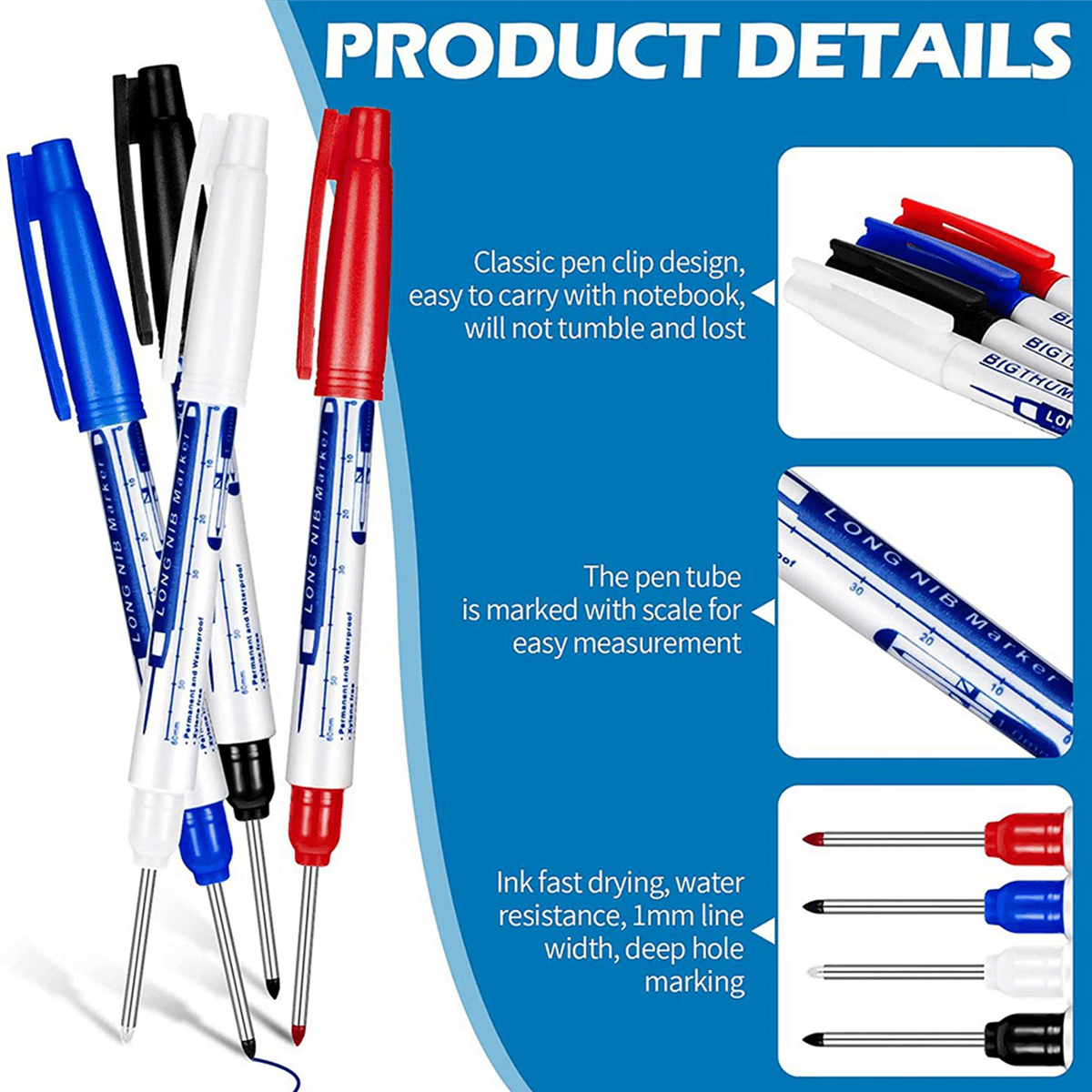 8 Pcs Deep Reach Markers Long Nose Marker Waterproof Deep Hole Marker 30 mm Reach Permanent Markers, 4 Colors
