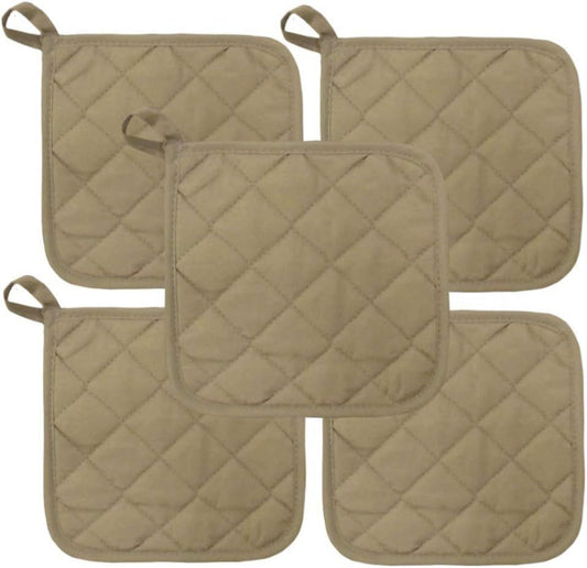 5Pcs Kitchen Pot Holders Set Heat Resistant Pure Cotton Potholders Kit Trivets Large Coasters Hot Pads Pot Holders for Everyday Cooking and Baking by 6.5 x 6.5 Inch Sand/Tan