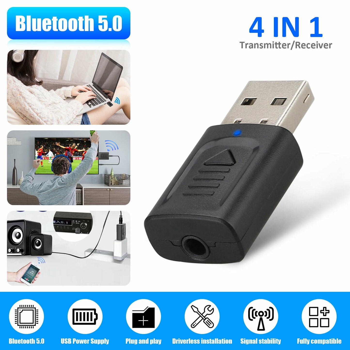 4 IN 1 5.0 Bluetooth Adapter USB Wireless Bluetooth Sender Receiver Music Audio for TV Portable 3.5mm AUX Adaptor