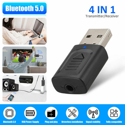 4 IN 1 5.0 Bluetooth Adapter USB Wireless Bluetooth Sender Receiver Music Audio for TV Portable 3.5mm AUX Adaptor