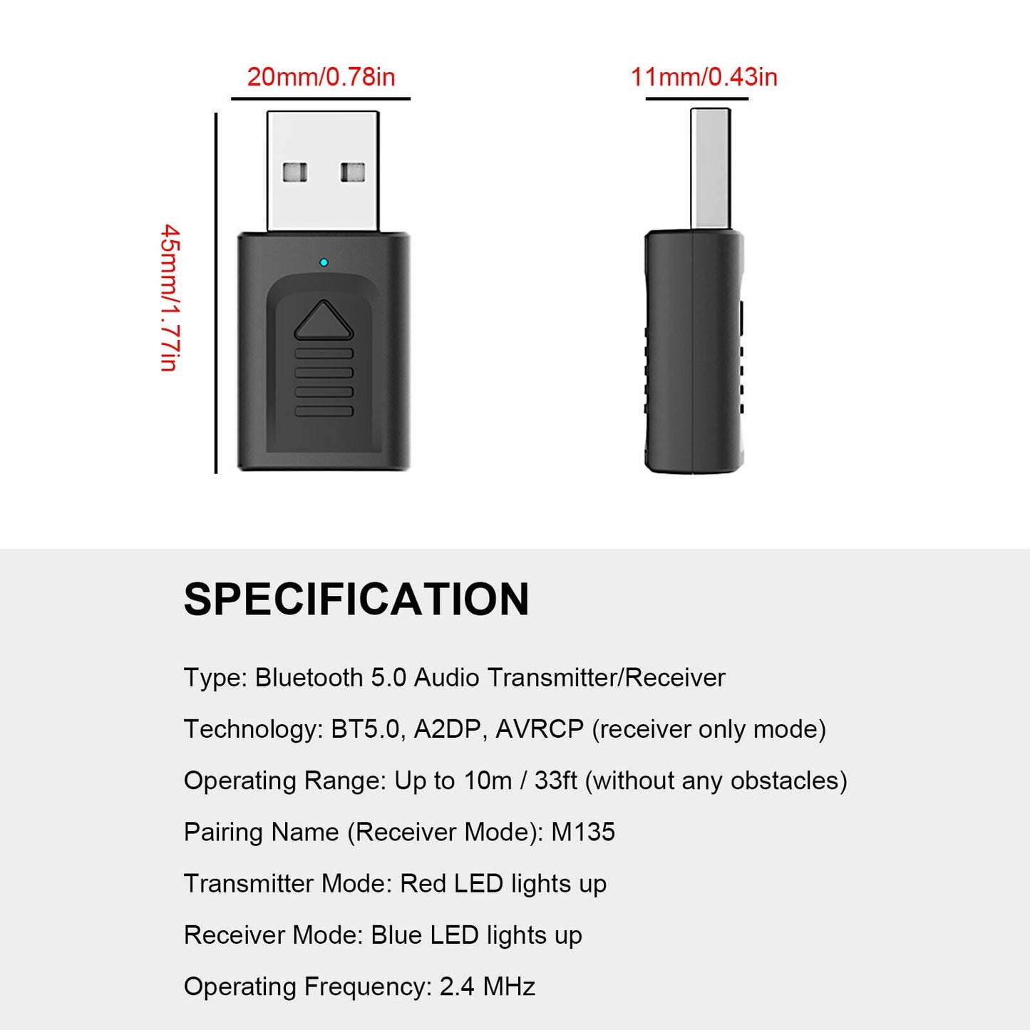 4 IN 1 5.0 Bluetooth Adapter USB Wireless Bluetooth Sender Receiver Music Audio for TV Portable 3.5mm AUX Adaptor